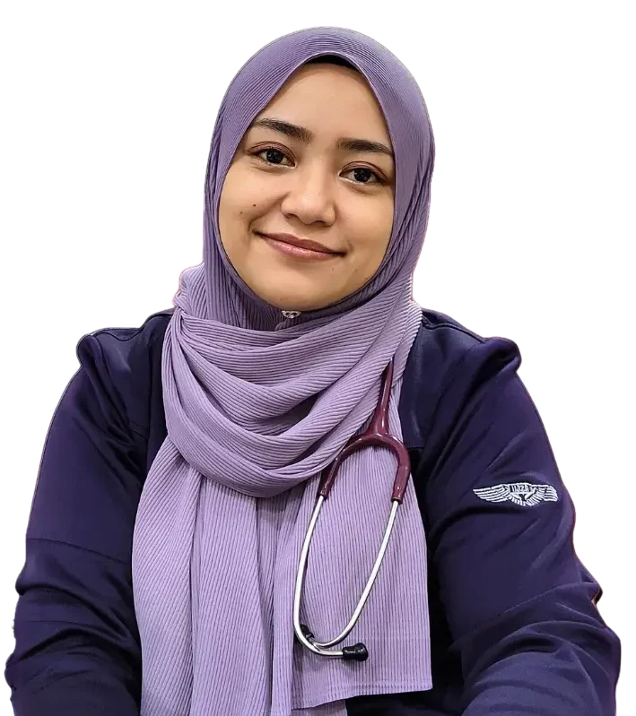 a woman wearing a purple scarf and a stethoscope