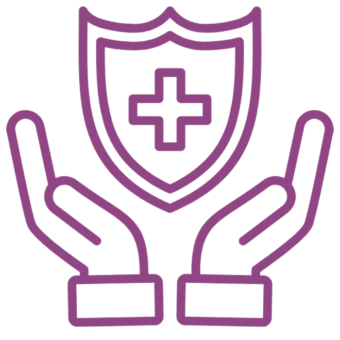 a purple outline of a shield and hands