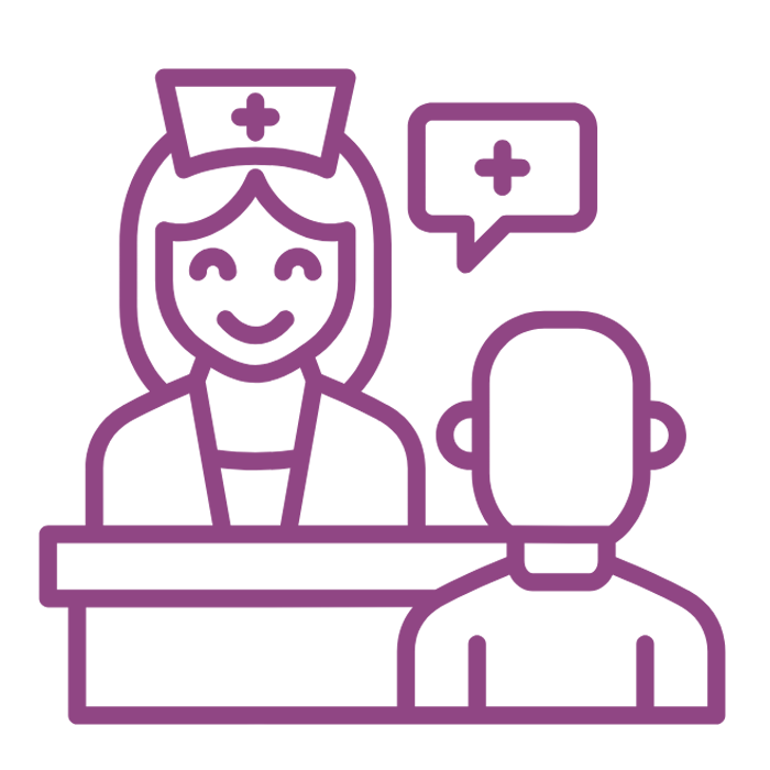 a purple line art of a nurse and a man